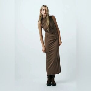 ZARA SLEEVELESS DRAPED MIDI DRESS  olive | Size S